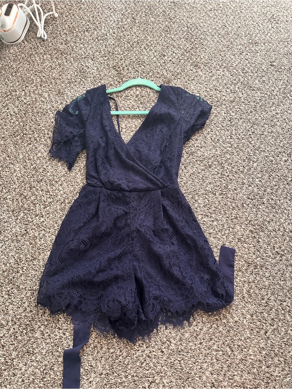 Blue Rain Navy Lace One-Piece Romper with Waist Tie